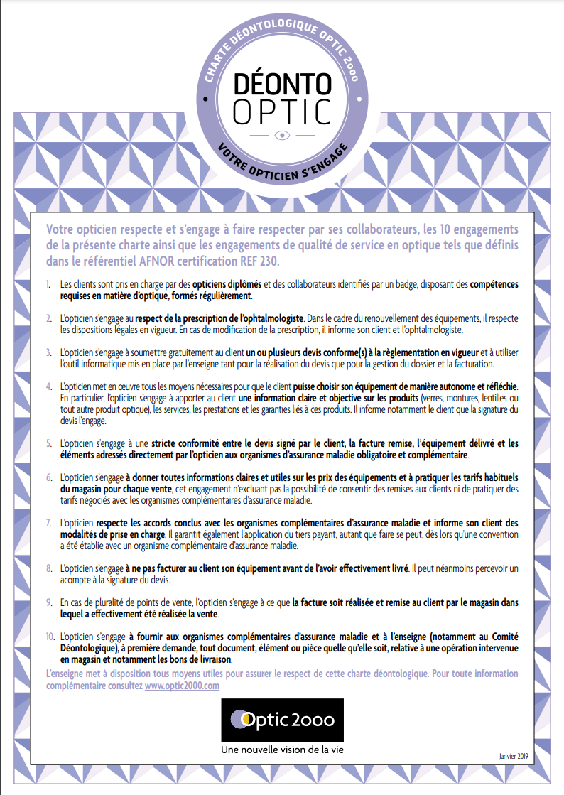 10 engagements charte d&eacute;ontologique optic 2000